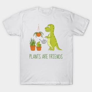 Plants are friends - Cute dino watering his houseplants T-Shirt